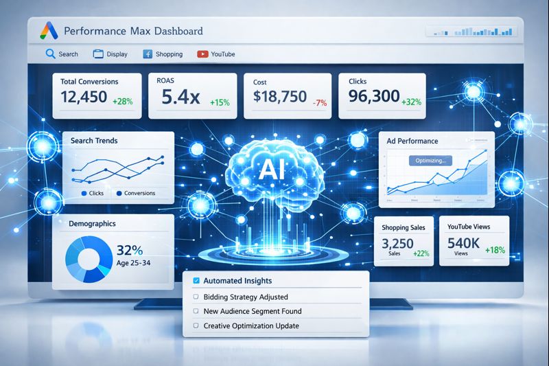 Performance Max campaign dashboard showing AI-driven optimization