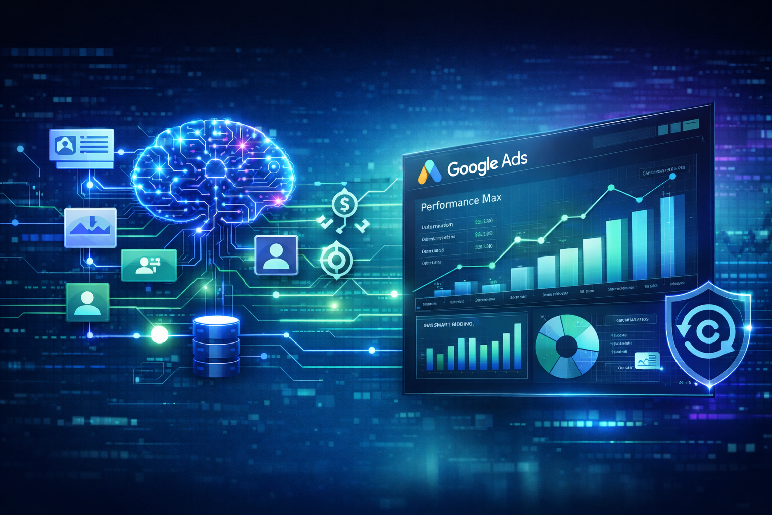 Performance Max optimization 2026 showing AI-driven Google Ads automation and campaign growth