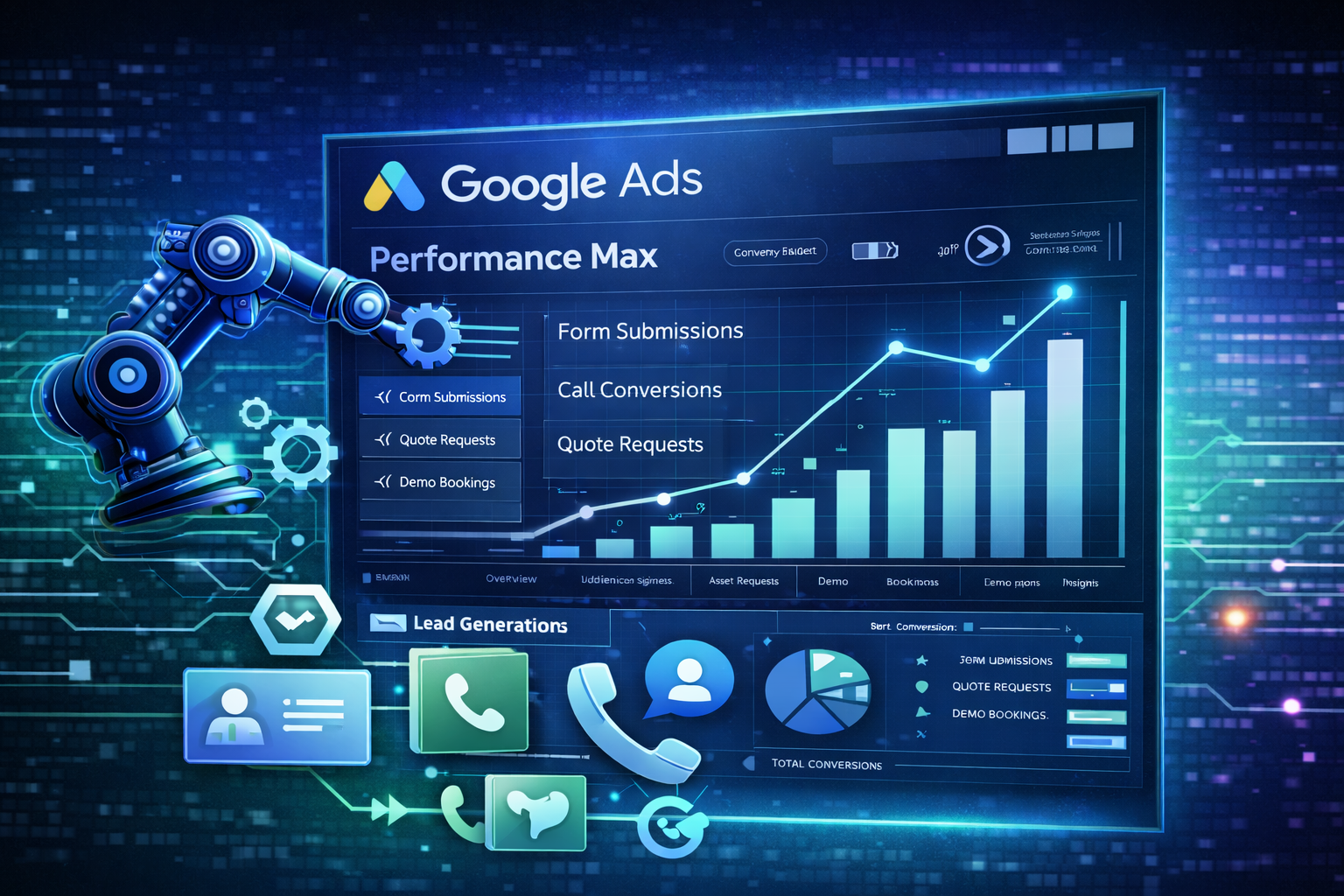 Performance Max lead generation campaign optimization showing AI-driven form and call conversions