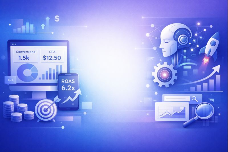 Performance marketing KPIs overview showing conversions, CPA, ROAS, and growth metrics