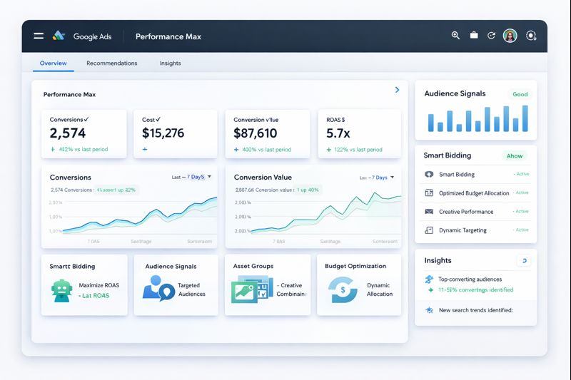 Google Ads Performance Max dashboard showing AI-driven conversions and automation
