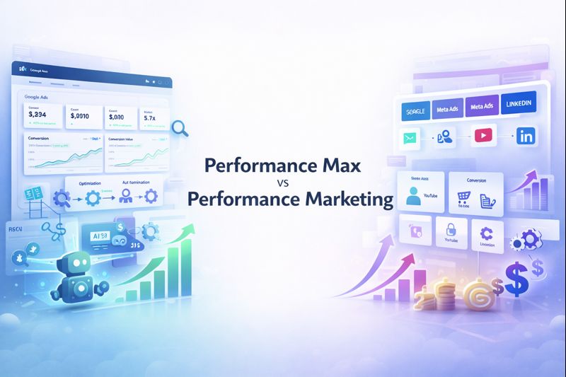 Modern digital marketing featured image illustrating the concept of “Performance Max vs Performance Marketing”, showing AI-driven Google Ads ecosystem, data analytics dashboards, conversion growth arrows, automation and strategy elements combined, clean professional business illustration, minimal and premium look, blue and purple gradient color palette, soft lighting, high clarity, text-safe space in center for headline, SEO blog featured image style, realistic yet illustrated, 16:9 aspect ratio