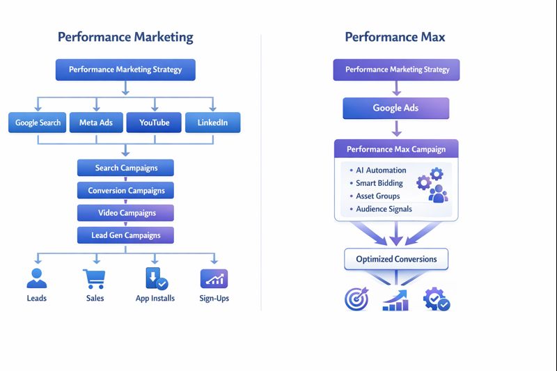 Performance Max vs Performance Marketing comparison showing strategy vs campaign type