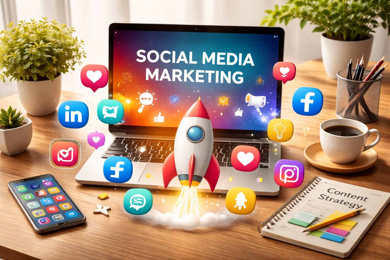 Social media marketing workspace with laptop displaying social media marketing, rocket growth concept, and popular platform icons like Facebook, Instagram, and LinkedIn.