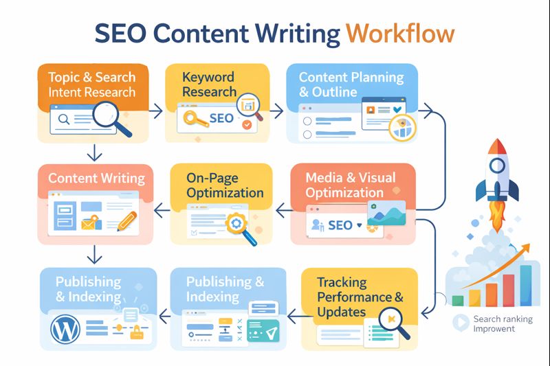SEO content writing workflow infographic showing keyword research, content creation, on-page optimization, publishing, and search ranking improvement