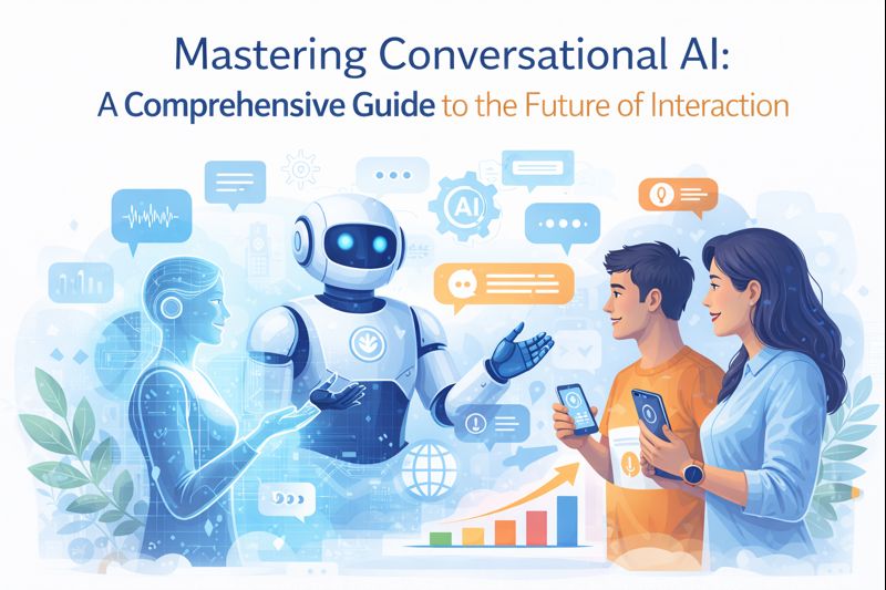 Illustration showing conversational AI interaction between humans and intelligent chatbots, highlighting voice, text conversations, automation, and the future of human-AI communication.