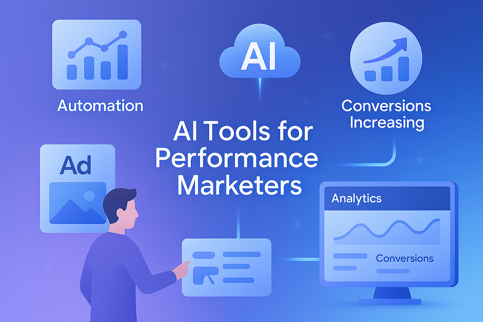 Best AI tools for performance marketers illustrated with data-driven advertising and automation